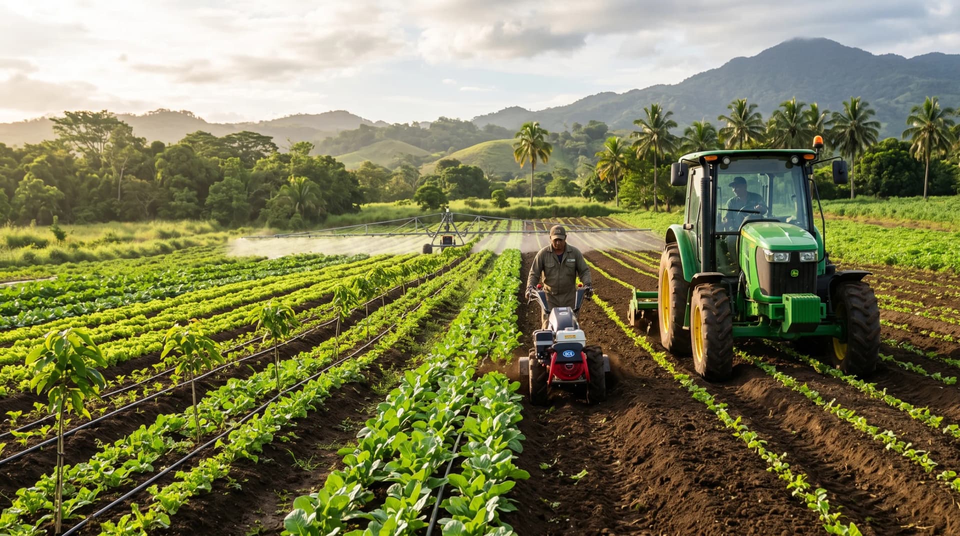 Agriculture machinery working across a green farm field