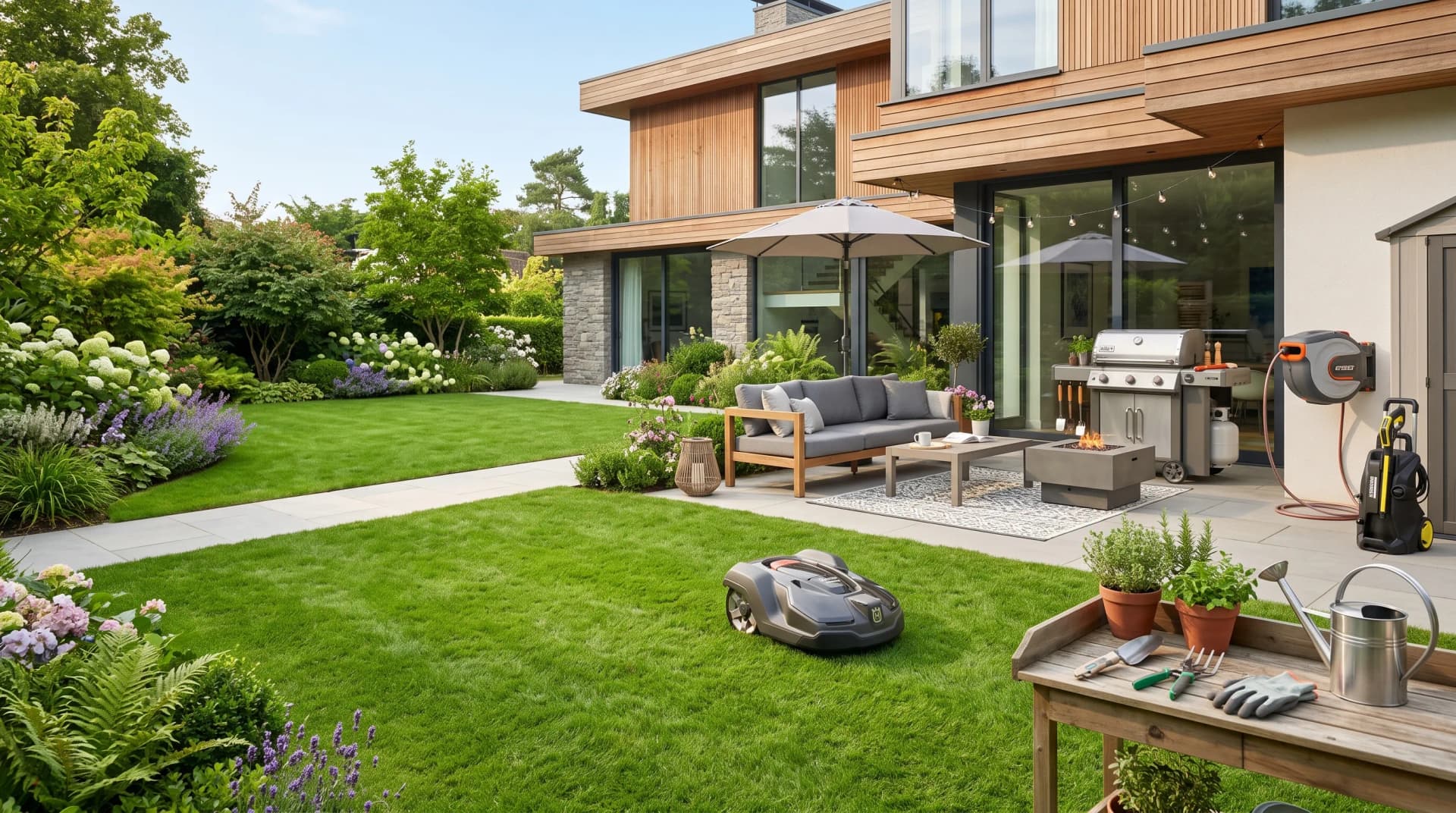 Home garden with lawn equipment and outdoor living space