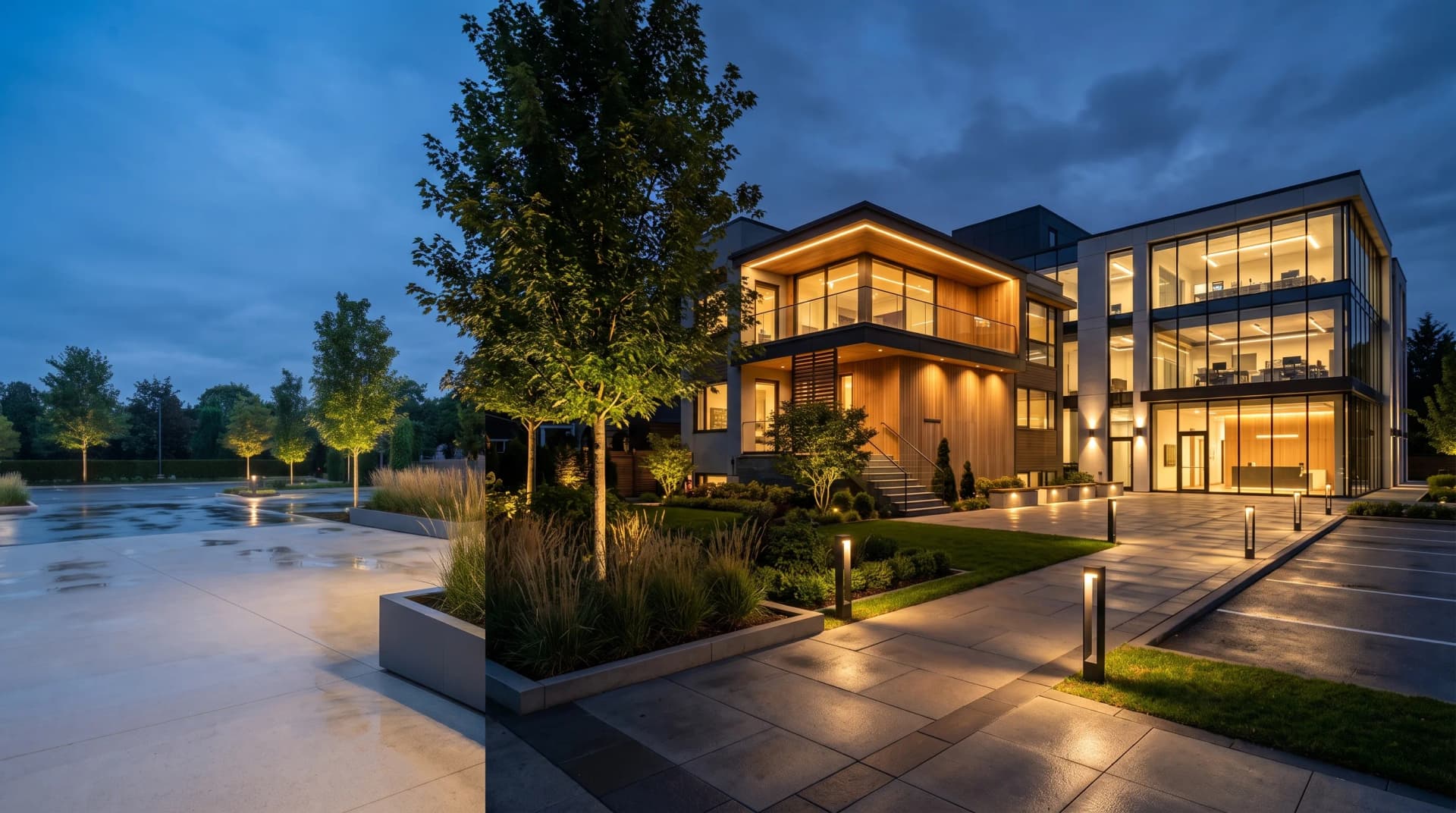 Modern outdoor lighting around a contemporary building