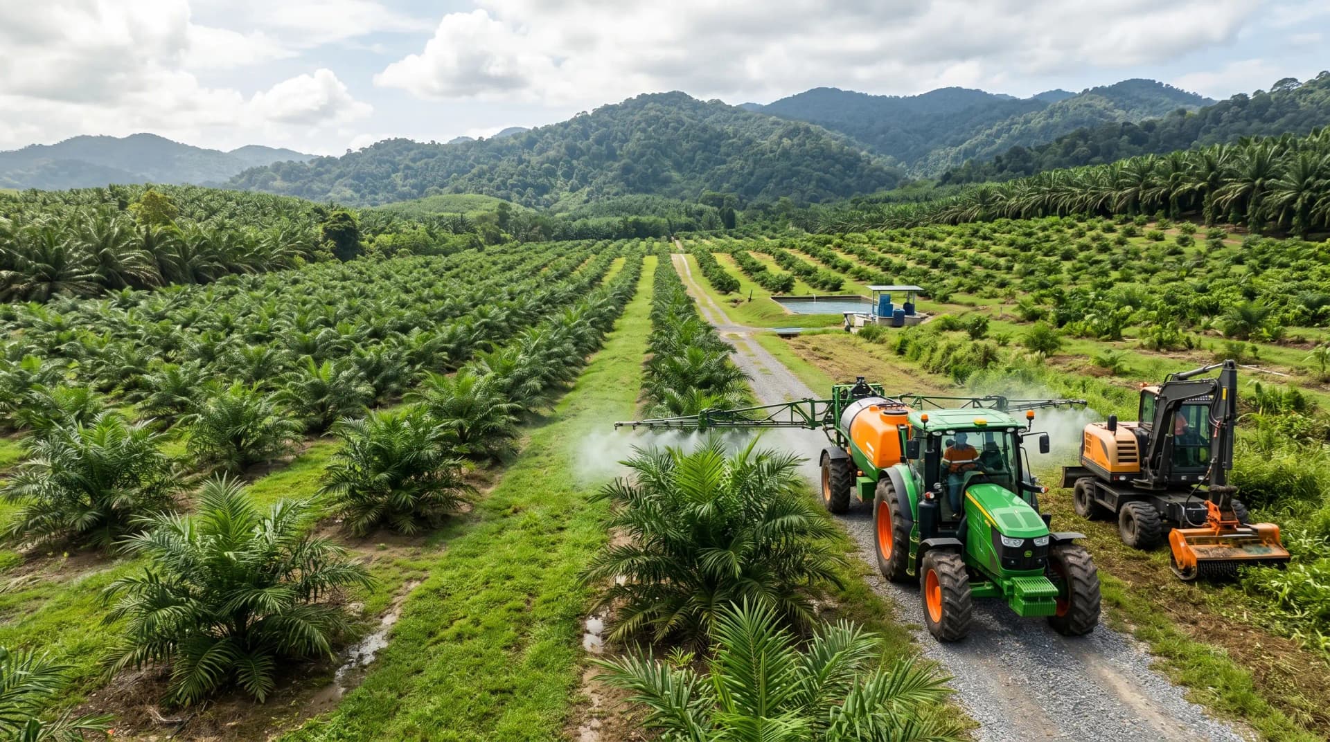 Plantation rows across a green highland estate