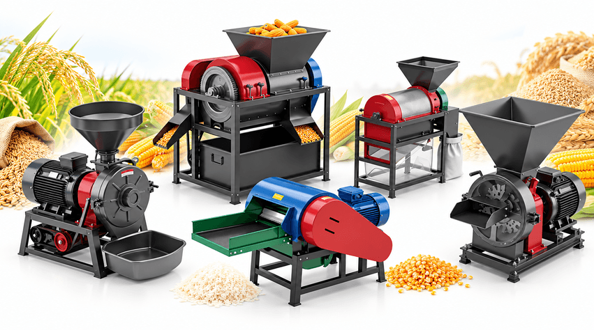 Harvesting and processing machinery including threshers, mills, grinders, and chaff cutters