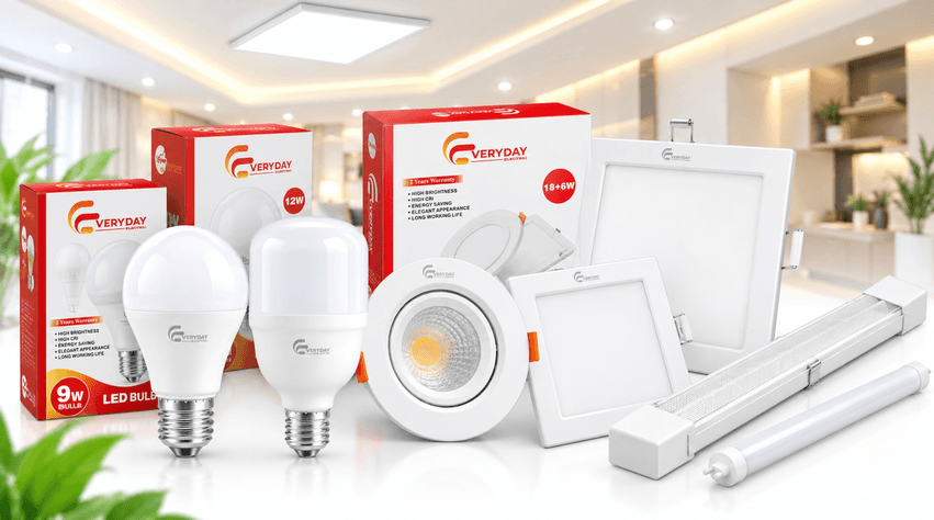 LED panel lights, downlights, and ceiling fixtures for indoor spaces