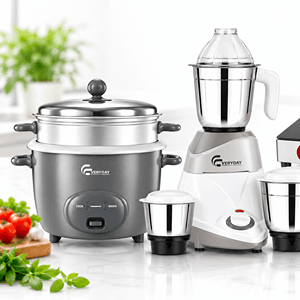 A modern kitchen with a variety of premium kitchen appliances on the countertop